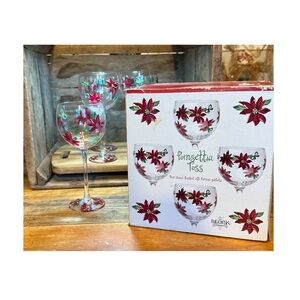 Block Basics Poinsettia Toss Set of 4 Wine Goblets In Box Hand Painted Christmas